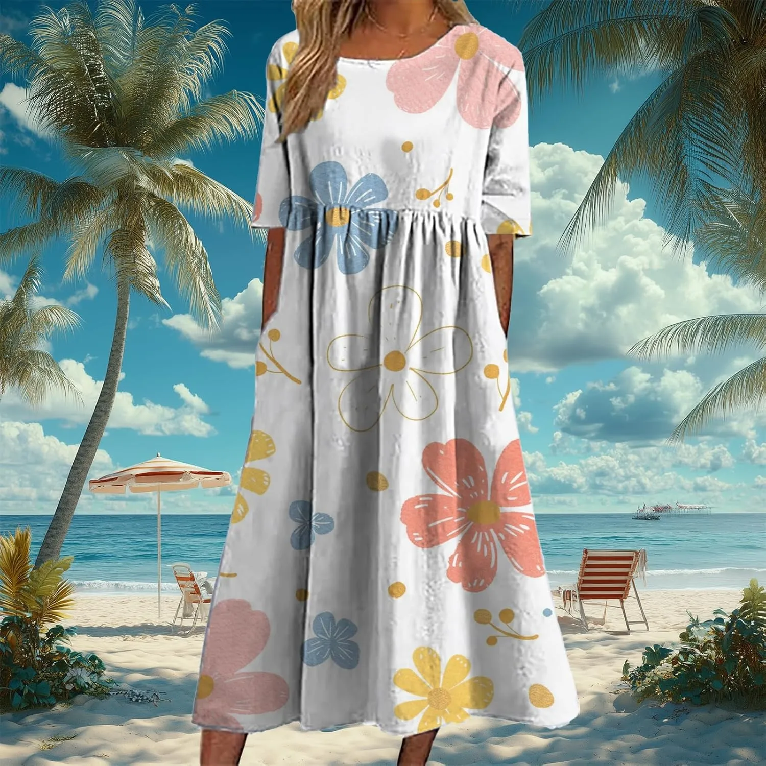 Bengbobar Women's Boho Floral Maxi Dress Casual Vacation Flowy Cotton Linen Short Sleeve Summer Tshirt Dresses with Pockets