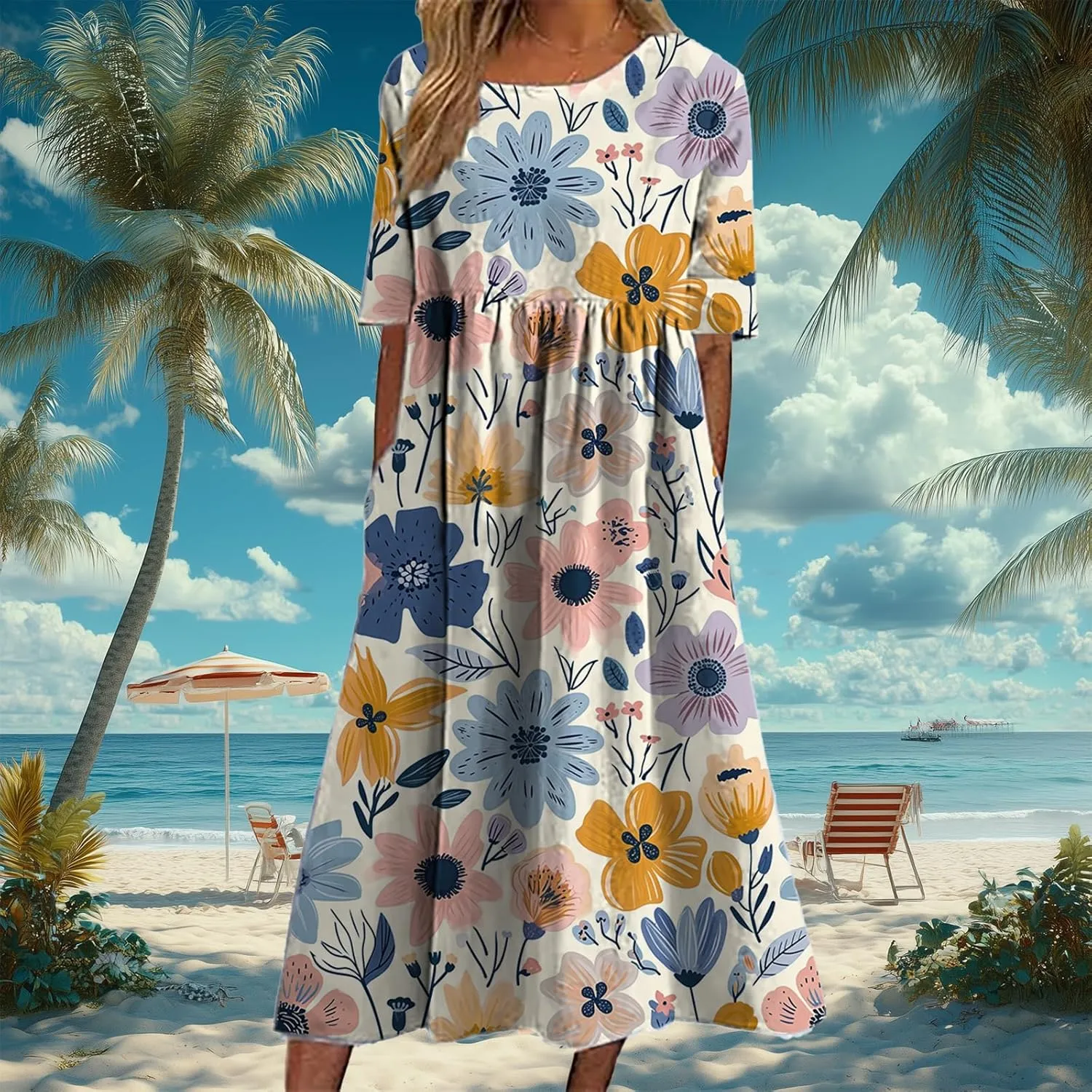 Bengbobar Women's Boho Floral Maxi Dress Casual Vacation Flowy Cotton Linen Short Sleeve Summer Tshirt Dresses with Pockets