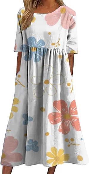 Bengbobar Women's Boho Floral Maxi Dress Casual Vacation Flowy Cotton Linen Short Sleeve Summer Tshirt Dresses with Pockets