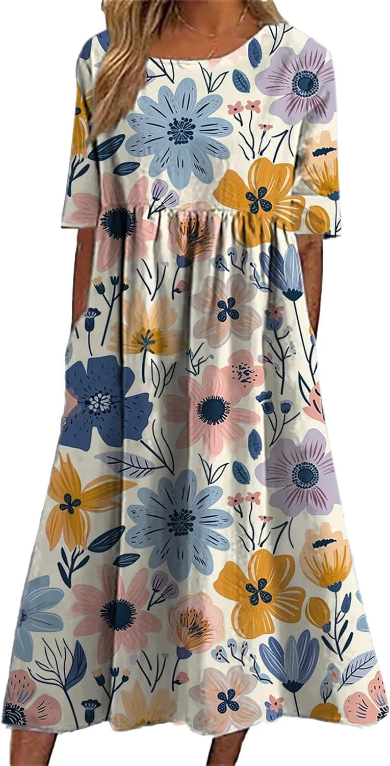 Bengbobar Women's Boho Floral Maxi Dress Casual Vacation Flowy Cotton Linen Short Sleeve Summer Tshirt Dresses with Pockets