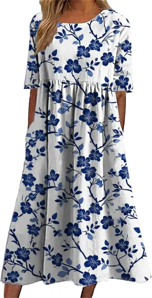 Bengbobar Women's Boho Floral Maxi Dress Casual Vacation Flowy Cotton Linen Short Sleeve Summer Tshirt Dresses with Pockets