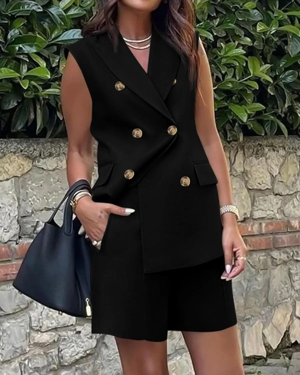 Blazer Sets Women 2 Piece Outfits Work Office Business Casual Shorts and Sleeveless V Neck Button Down Blazers Vest