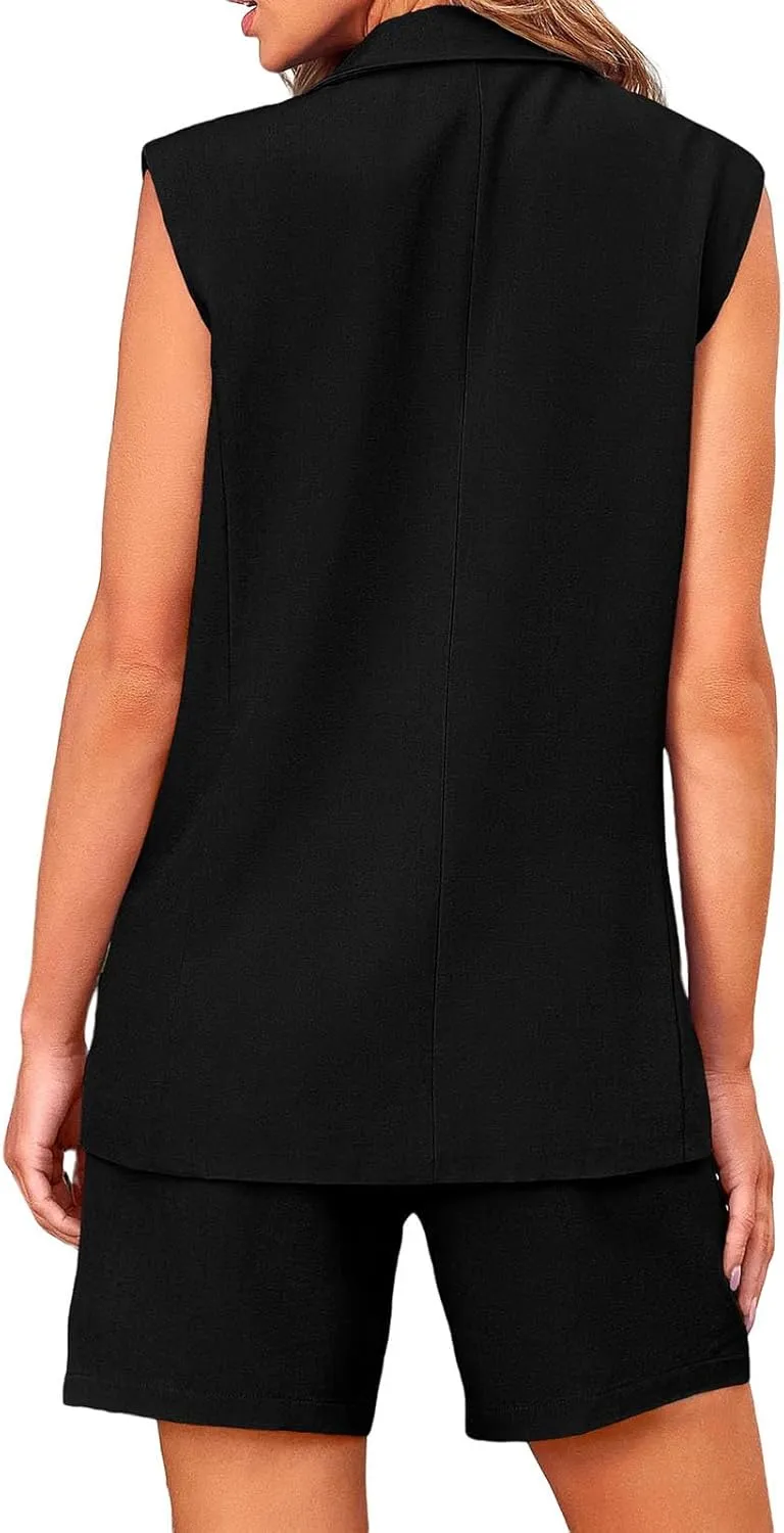 Blazer Sets Women 2 Piece Outfits Work Office Business Casual Shorts and Sleeveless V Neck Button Down Blazers Vest