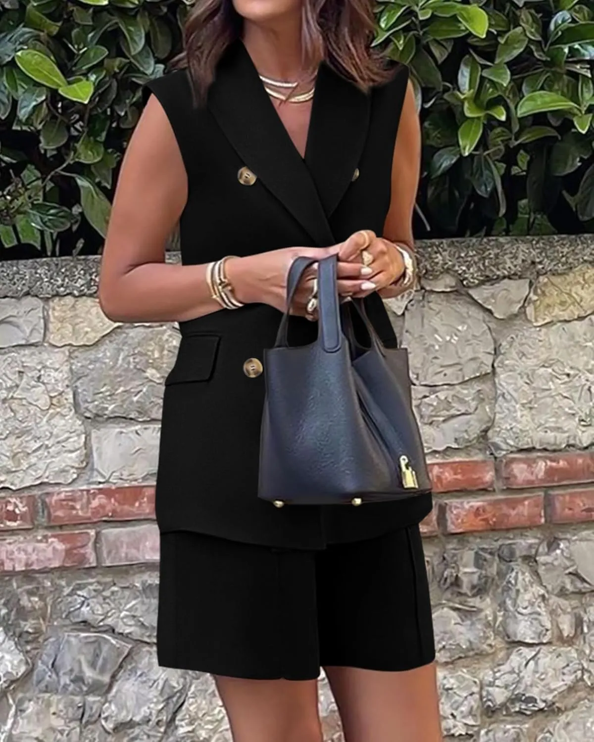 Blazer Sets Women 2 Piece Outfits Work Office Business Casual Shorts and Sleeveless V Neck Button Down Blazers Vest