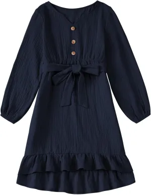 blibean Girls Cotton Long Sleeve Dresses Ruffled Semi Formal Dress Size 6-15 Years