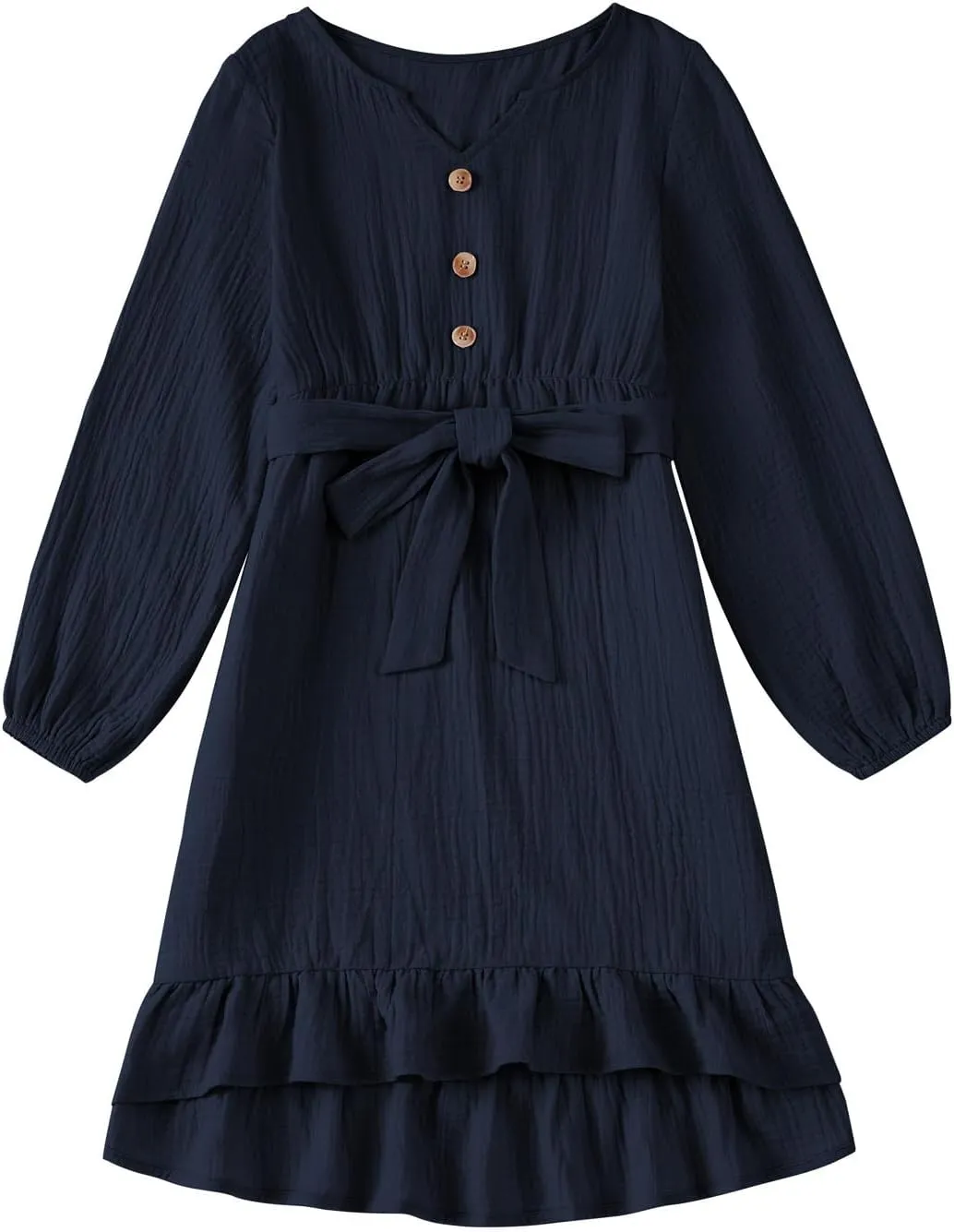 blibean Girls Cotton Long Sleeve Dresses Ruffled Semi Formal Dress Size 6-15 Years