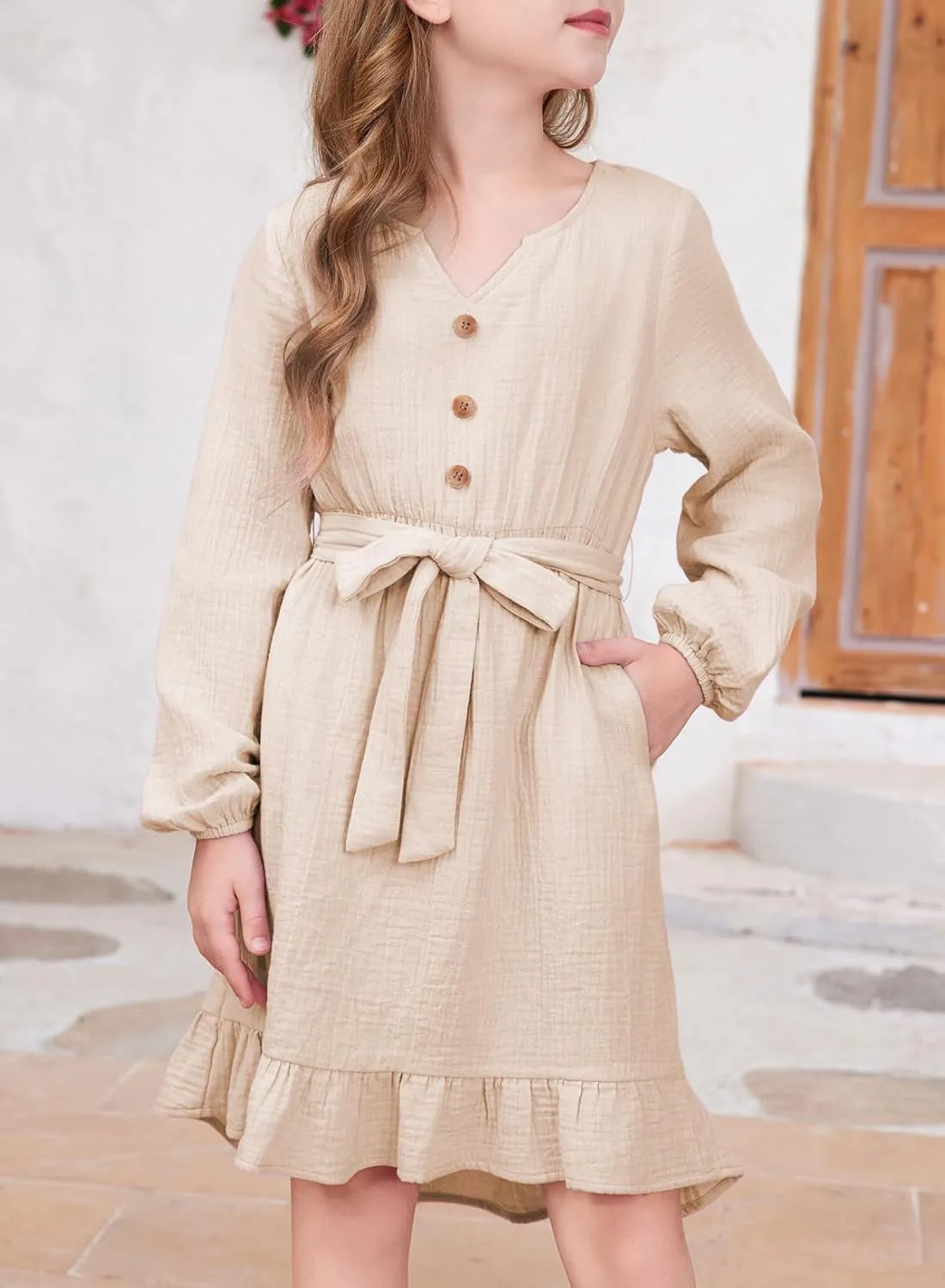 blibean Girls Cotton Long Sleeve Dresses Ruffled Semi Formal Dress Size 6-15 Years