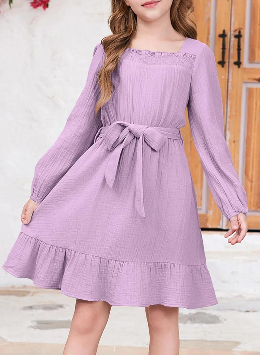 blibean Girls Cotton Long Sleeve Dresses Ruffled Semi Formal Dress Size 6-15 Years