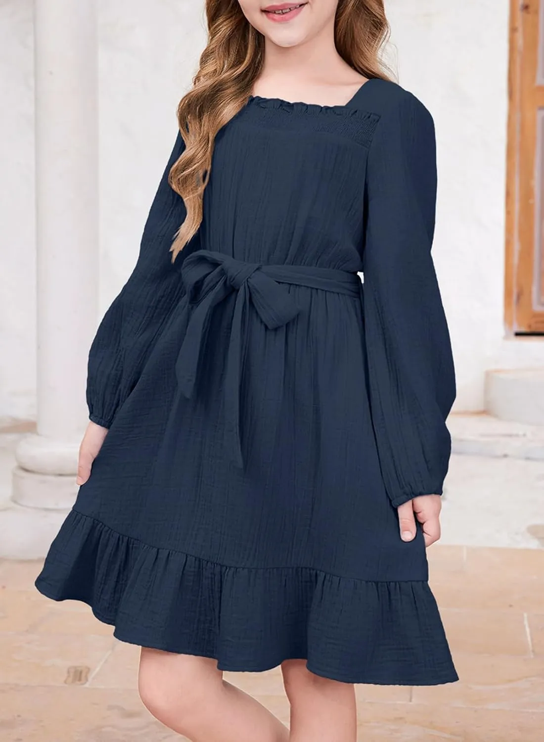 blibean Girls Cotton Long Sleeve Dresses Ruffled Semi Formal Dress Size 6-15 Years