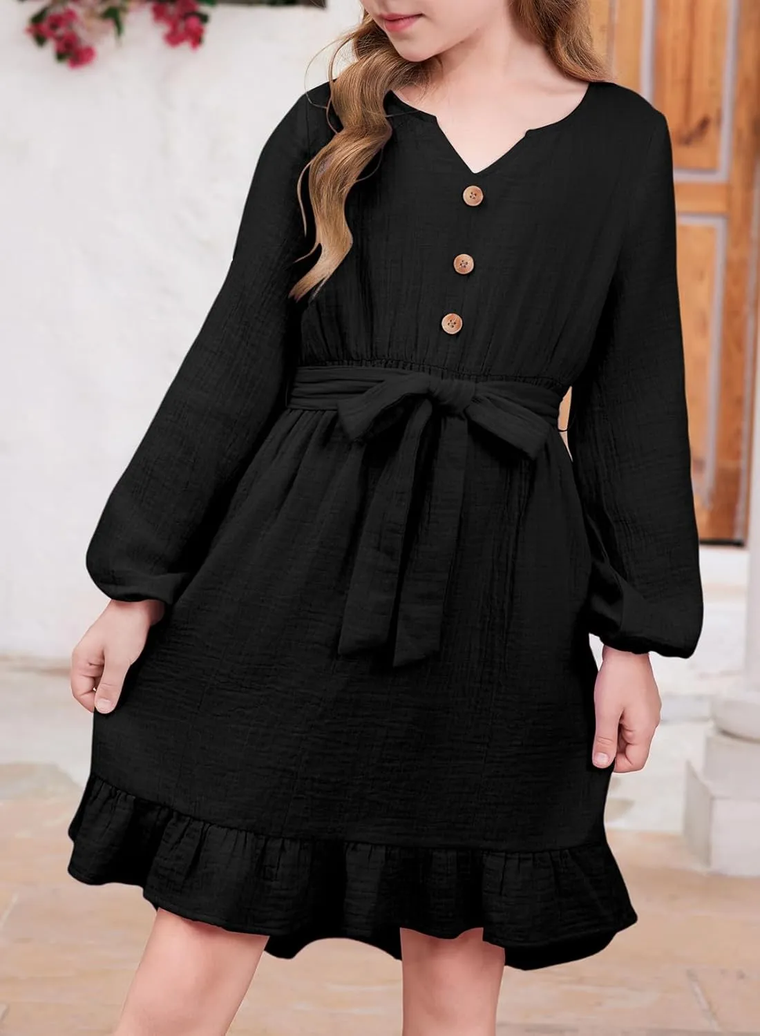 blibean Girls Cotton Long Sleeve Dresses Ruffled Semi Formal Dress Size 6-15 Years