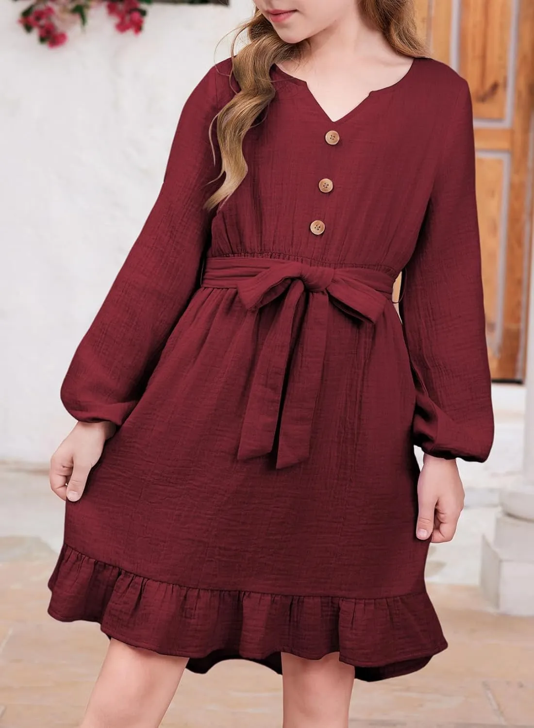 blibean Girls Cotton Long Sleeve Dresses Ruffled Semi Formal Dress Size 6-15 Years