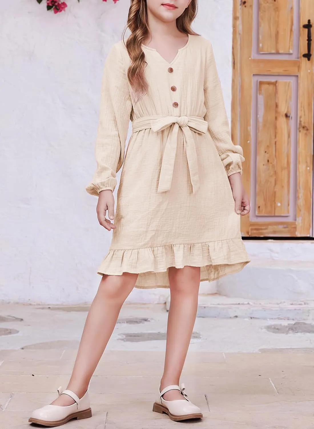 blibean Girls Cotton Long Sleeve Dresses Ruffled Semi Formal Dress Size 6-15 Years