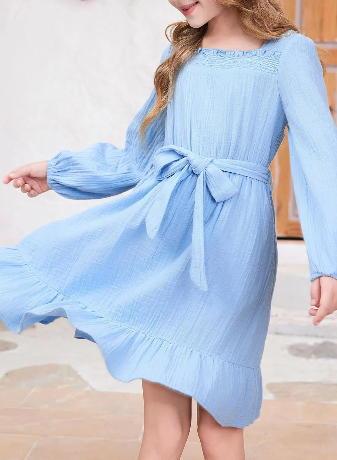 blibean Girls Cotton Long Sleeve Dresses Ruffled Semi Formal Dress Size 6-15 Years
