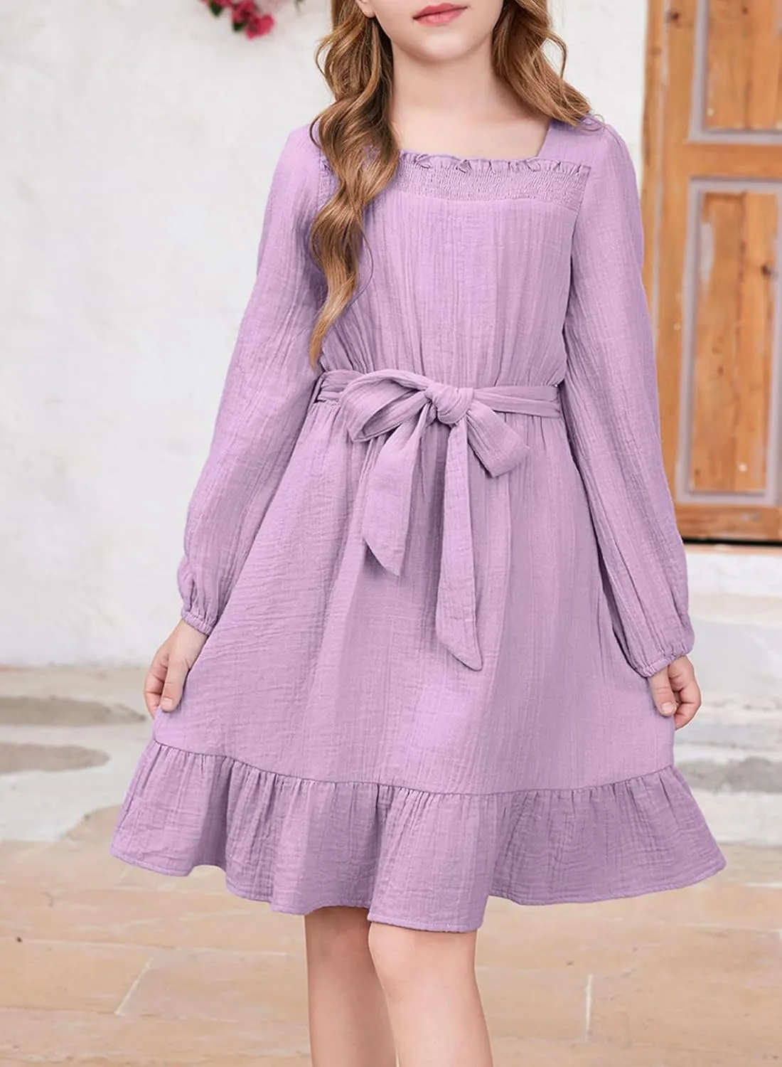 blibean Girls Cotton Long Sleeve Dresses Ruffled Semi Formal Dress Size 6-15 Years