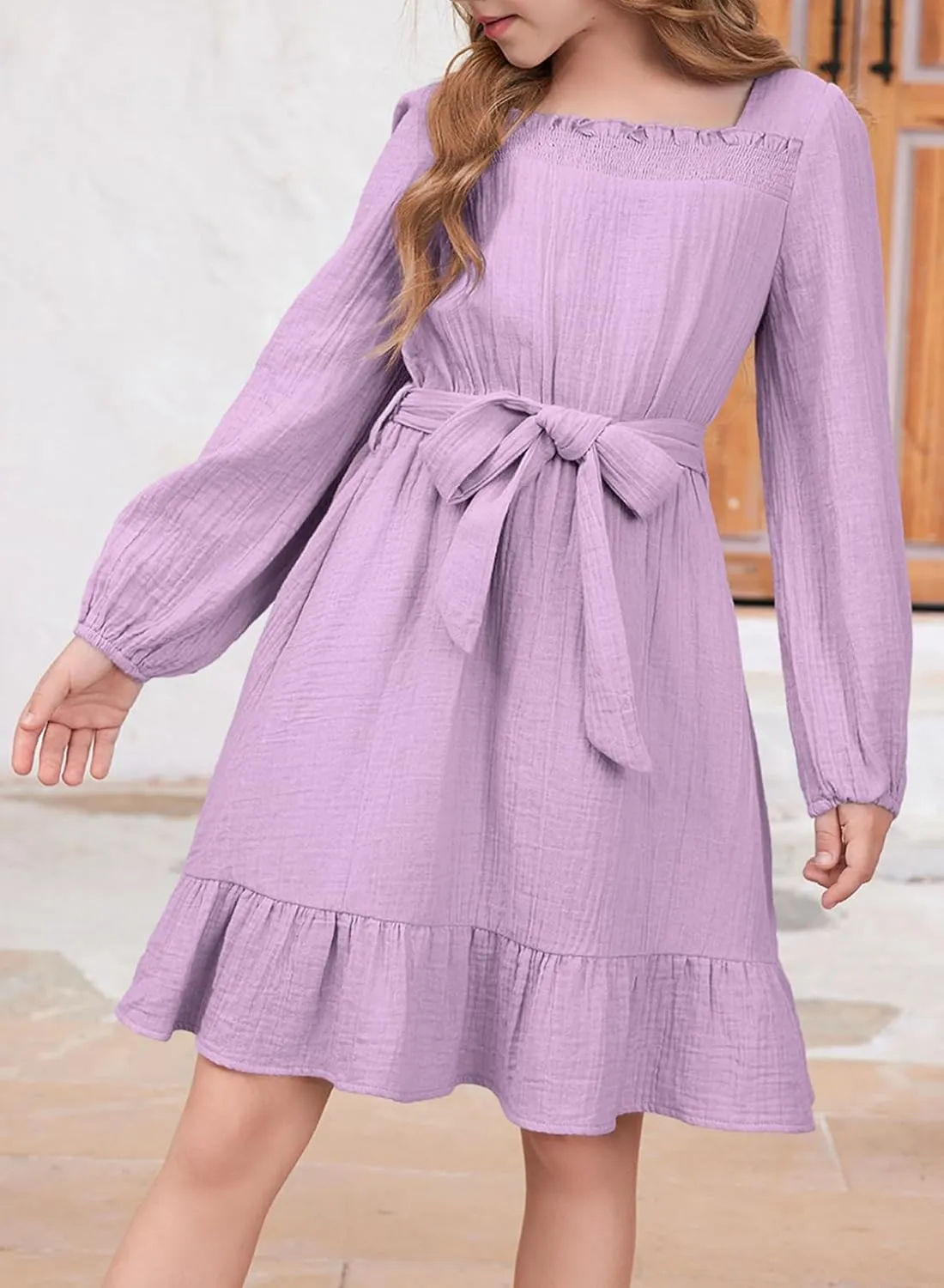blibean Girls Cotton Long Sleeve Dresses Ruffled Semi Formal Dress Size 6-15 Years