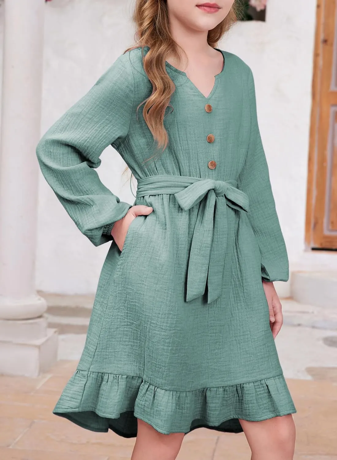 blibean Girls Cotton Long Sleeve Dresses Ruffled Semi Formal Dress Size 6-15 Years