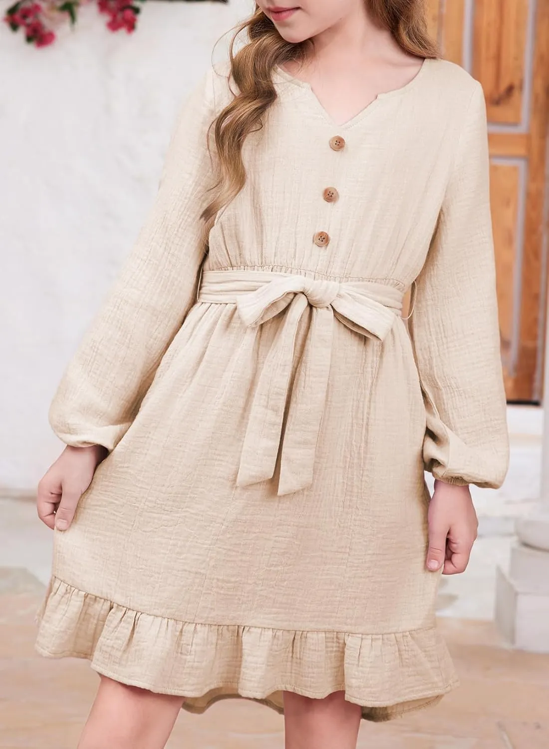 blibean Girls Cotton Long Sleeve Dresses Ruffled Semi Formal Dress Size 6-15 Years