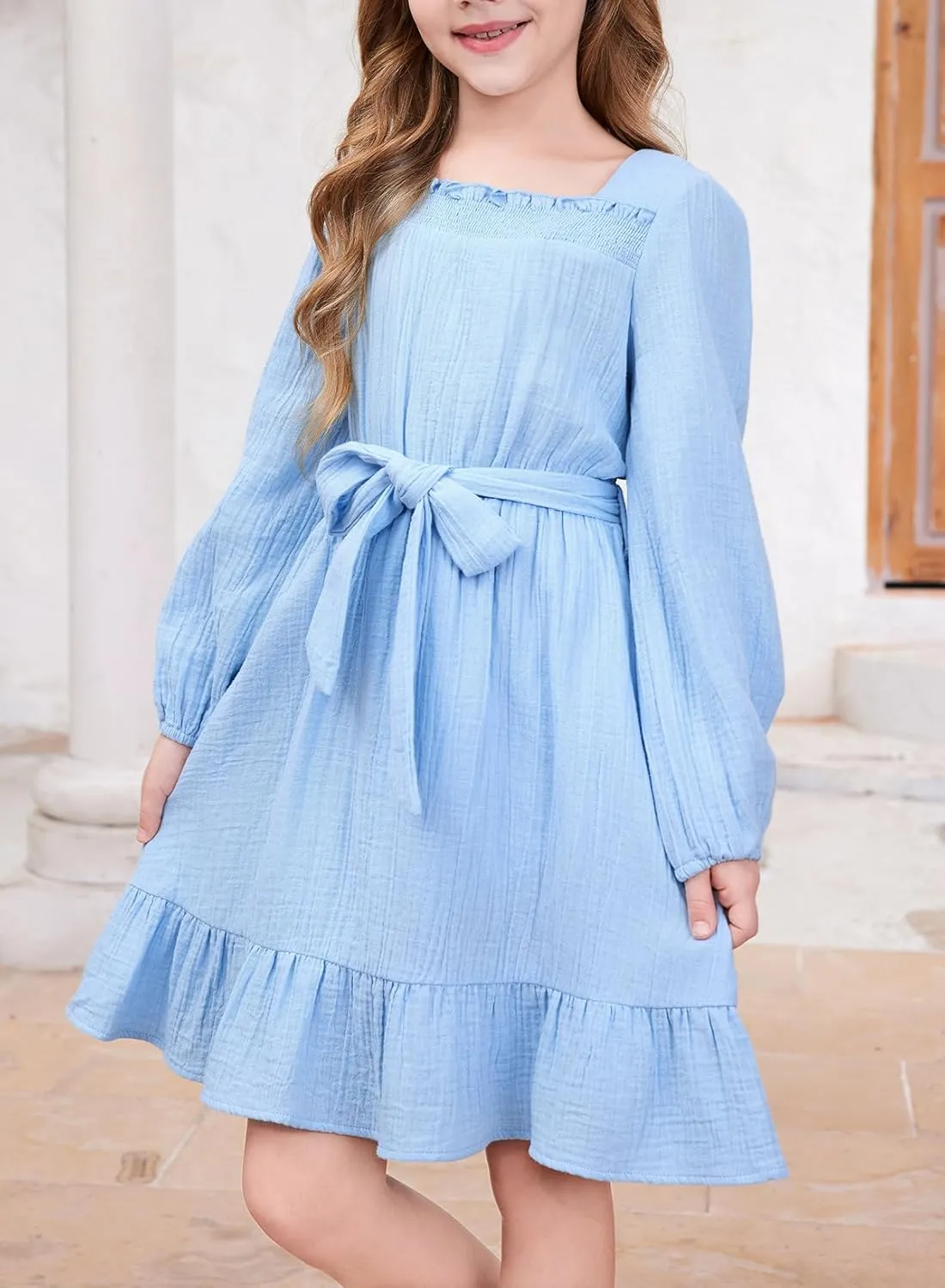 blibean Girls Cotton Long Sleeve Dresses Ruffled Semi Formal Dress Size 6-15 Years