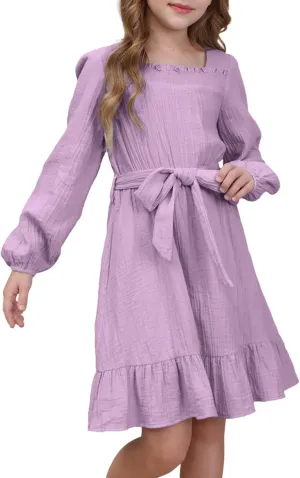 blibean Girls Cotton Long Sleeve Dresses Ruffled Semi Formal Dress Size 6-15 Years