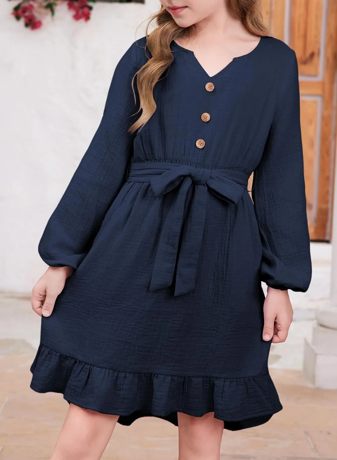 blibean Girls Cotton Long Sleeve Dresses Ruffled Semi Formal Dress Size 6-15 Years