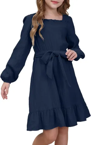 blibean Girls Cotton Long Sleeve Dresses Ruffled Semi Formal Dress Size 6-15 Years