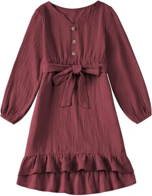 blibean Girls Cotton Long Sleeve Dresses Ruffled Semi Formal Dress Size 6-15 Years