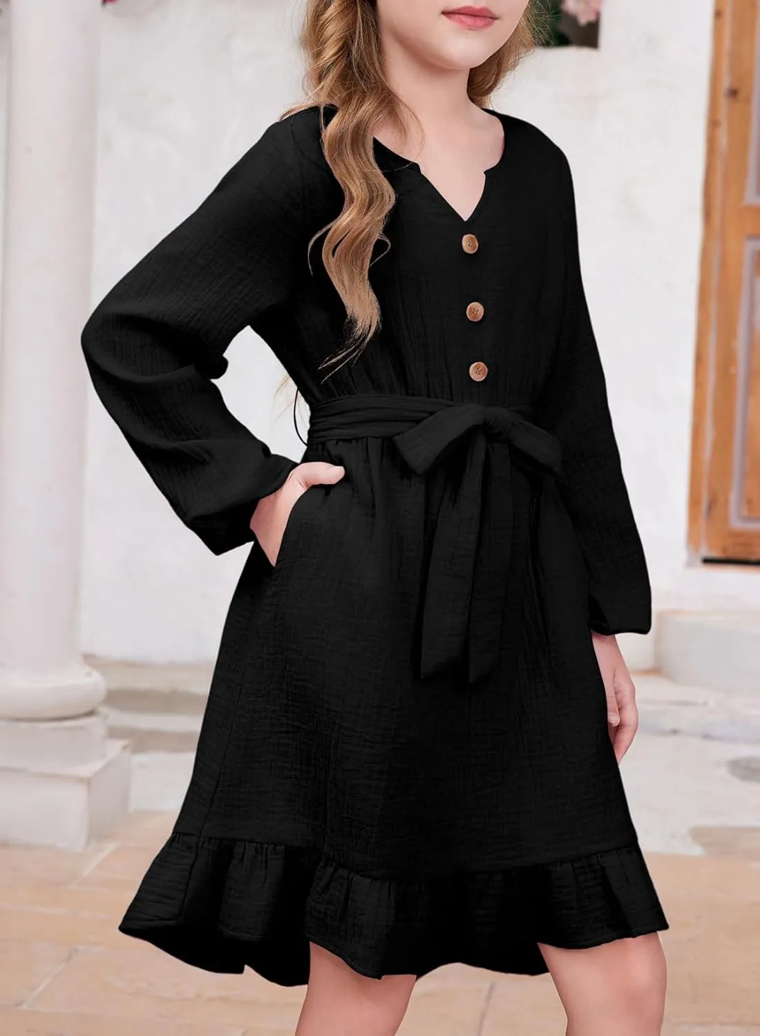 blibean Girls Cotton Long Sleeve Dresses Ruffled Semi Formal Dress Size 6-15 Years