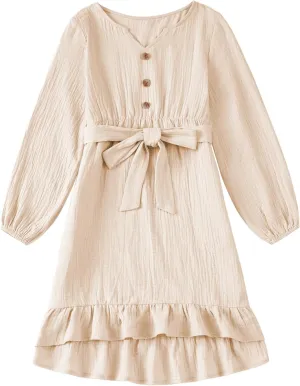 blibean Girls Cotton Long Sleeve Dresses Ruffled Semi Formal Dress Size 6-15 Years