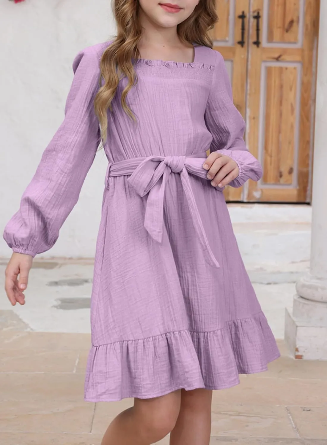 blibean Girls Cotton Long Sleeve Dresses Ruffled Semi Formal Dress Size 6-15 Years