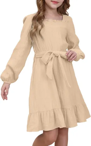 blibean Girls Cotton Long Sleeve Dresses Ruffled Semi Formal Dress Size 6-15 Years