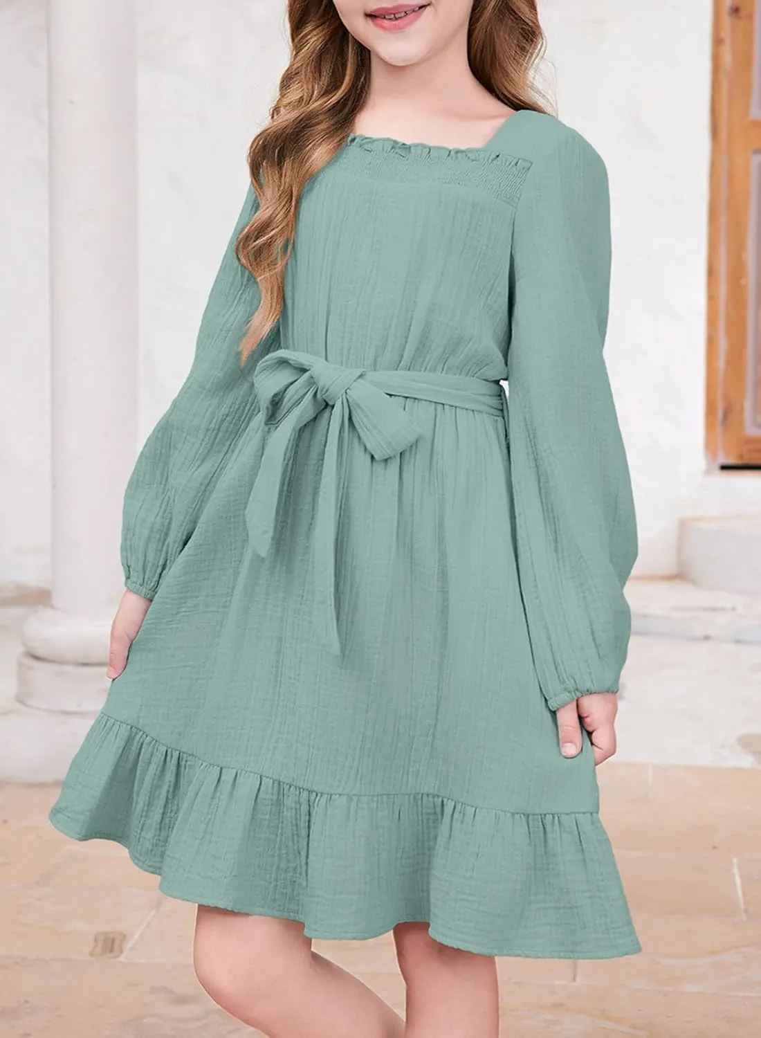 blibean Girls Cotton Long Sleeve Dresses Ruffled Semi Formal Dress Size 6-15 Years
