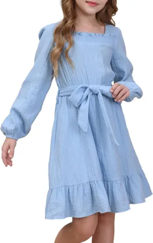 blibean Girls Cotton Long Sleeve Dresses Ruffled Semi Formal Dress Size 6-15 Years