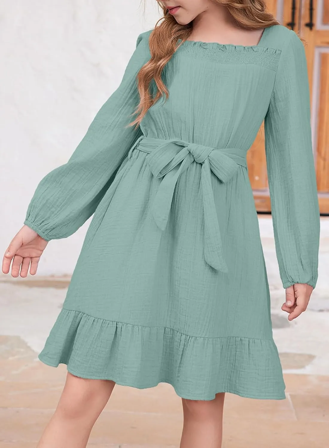 blibean Girls Cotton Long Sleeve Dresses Ruffled Semi Formal Dress Size 6-15 Years