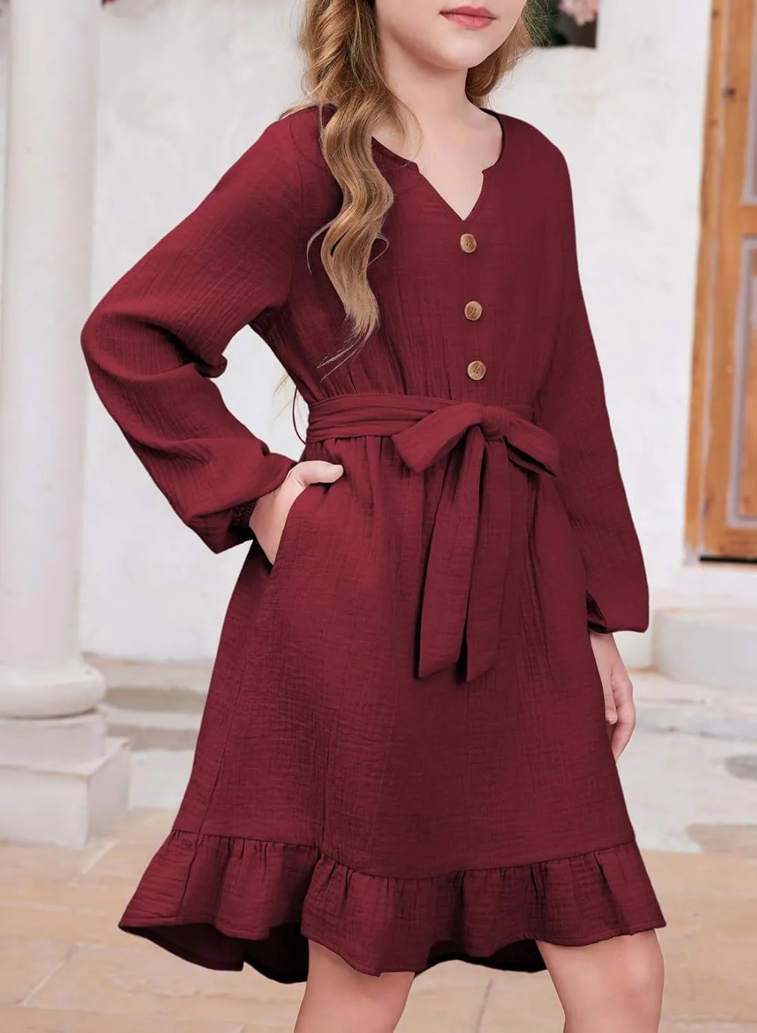 blibean Girls Cotton Long Sleeve Dresses Ruffled Semi Formal Dress Size 6-15 Years