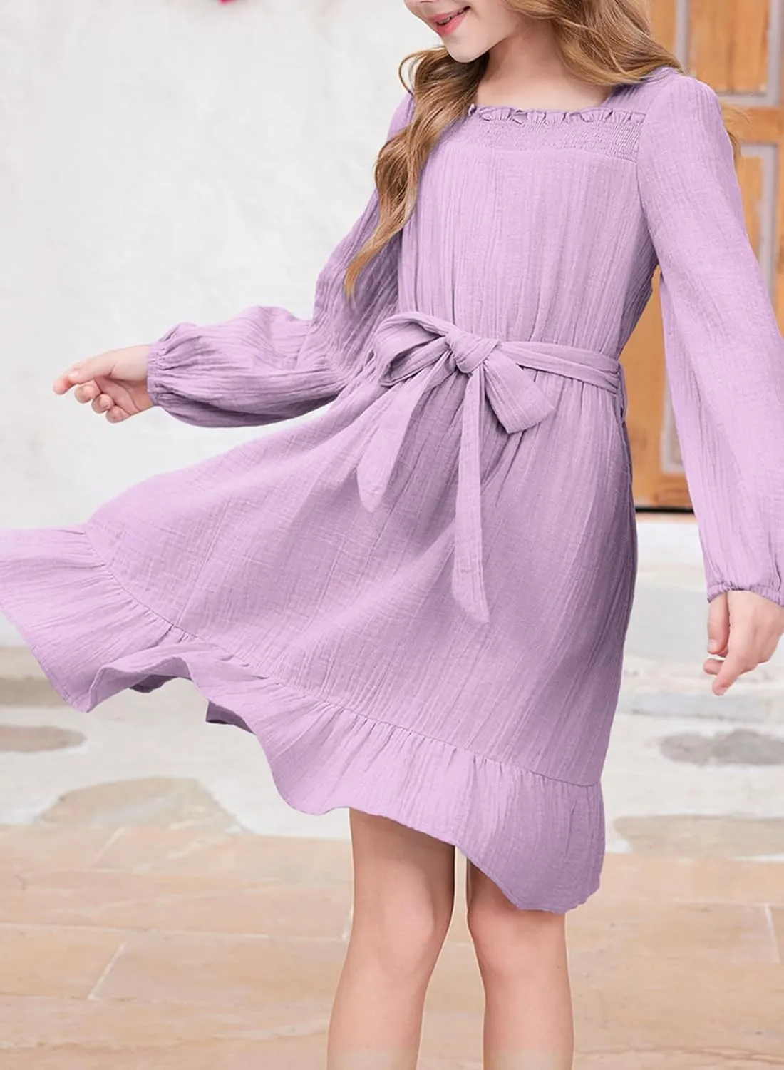 blibean Girls Cotton Long Sleeve Dresses Ruffled Semi Formal Dress Size 6-15 Years