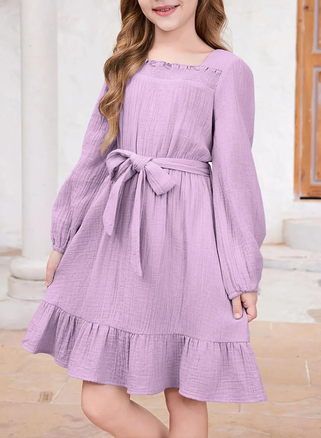 blibean Girls Cotton Long Sleeve Dresses Ruffled Semi Formal Dress Size 6-15 Years
