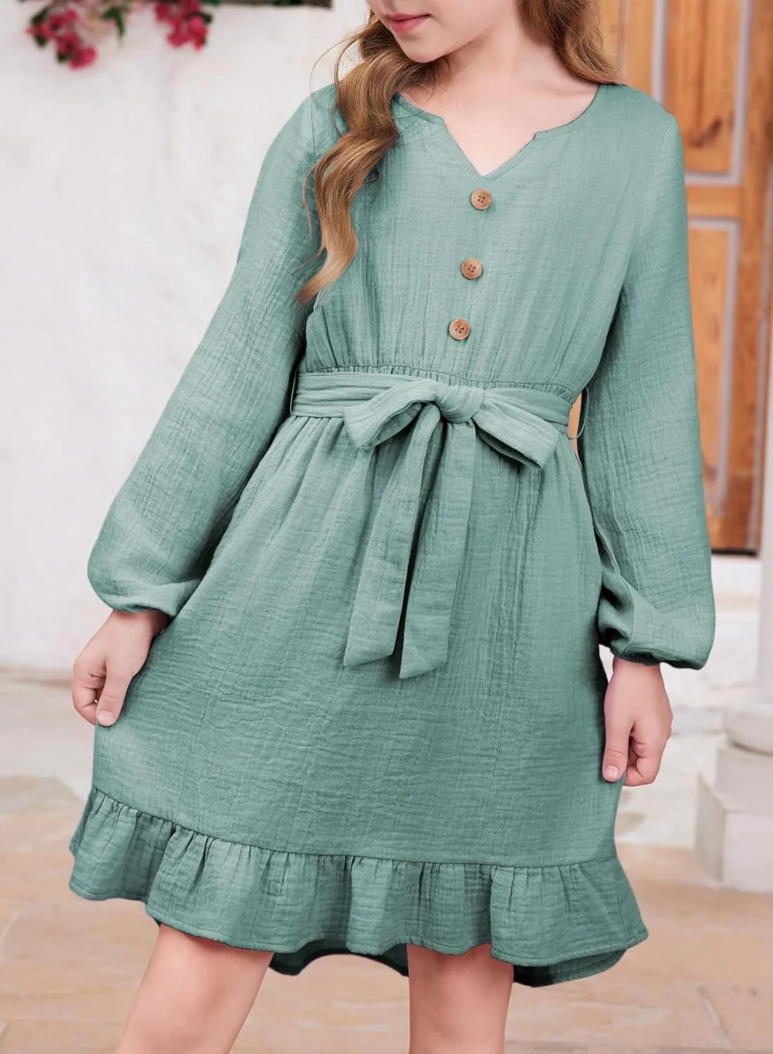 blibean Girls Cotton Long Sleeve Dresses Ruffled Semi Formal Dress Size 6-15 Years
