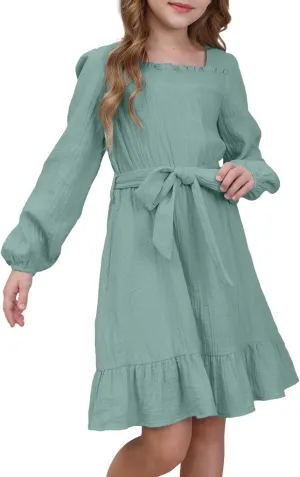 blibean Girls Cotton Long Sleeve Dresses Ruffled Semi Formal Dress Size 6-15 Years