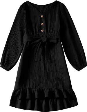 blibean Girls Cotton Long Sleeve Dresses Ruffled Semi Formal Dress Size 6-15 Years