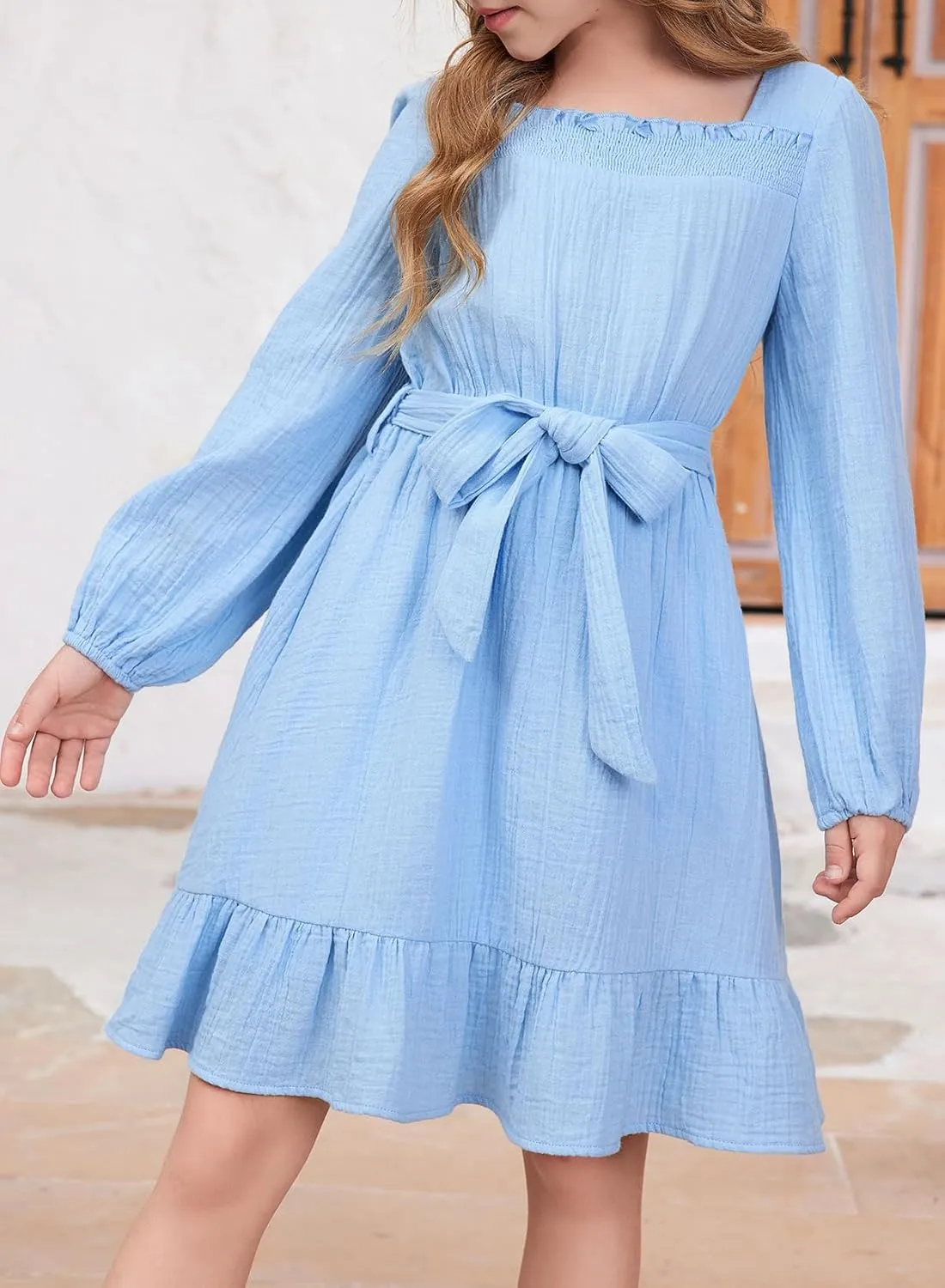 blibean Girls Cotton Long Sleeve Dresses Ruffled Semi Formal Dress Size 6-15 Years