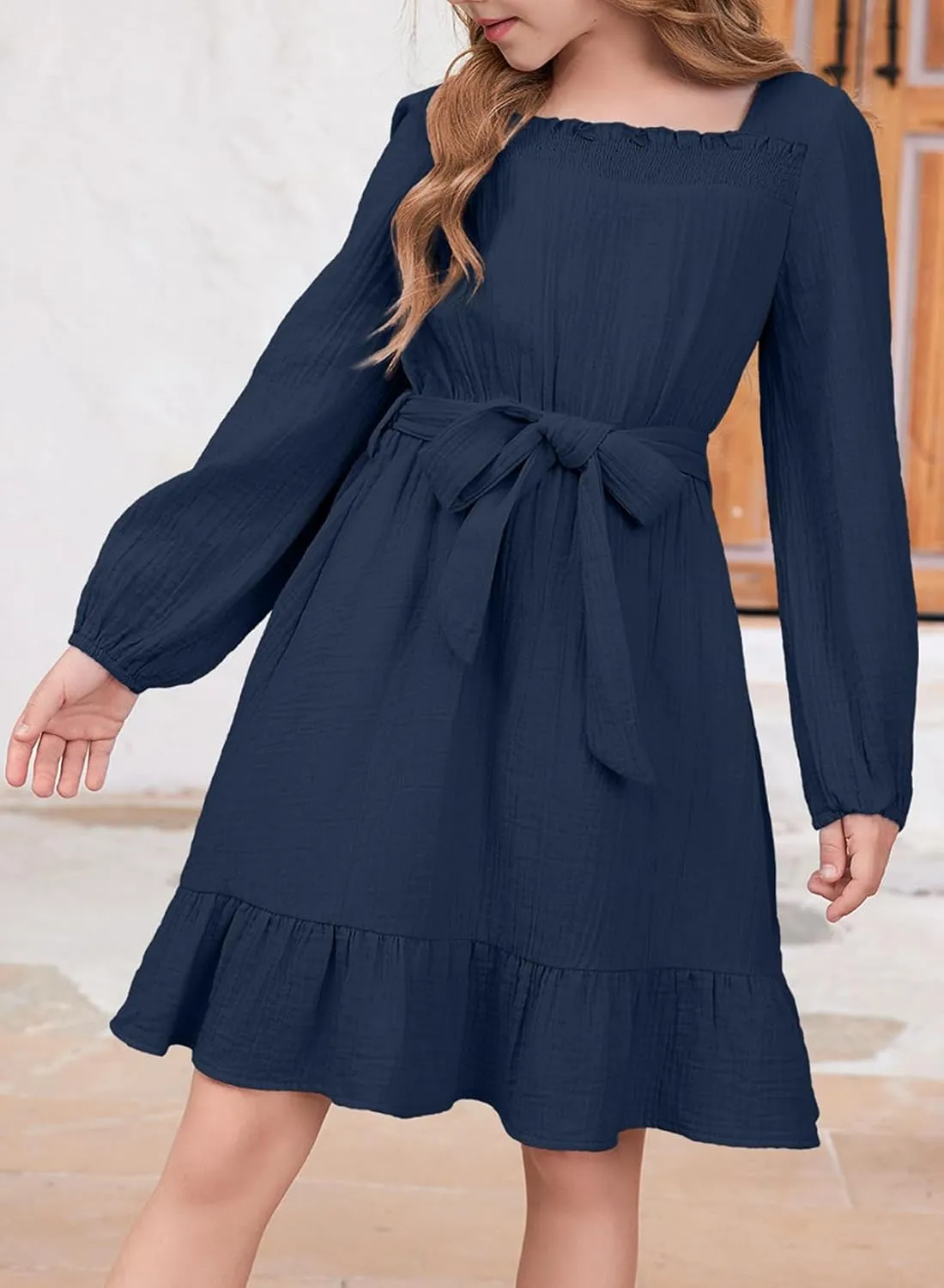 blibean Girls Cotton Long Sleeve Dresses Ruffled Semi Formal Dress Size 6-15 Years