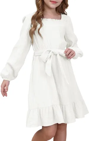blibean Girls Cotton Long Sleeve Dresses Ruffled Semi Formal Dress Size 6-15 Years