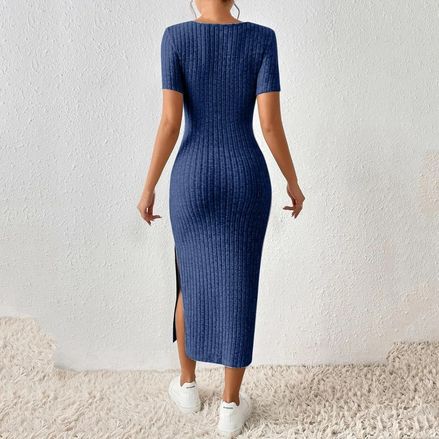 Bodycon Dresses for Women Knit Square Neck Short Sleeve Midi Dress Summer Side Slit Party Homecoming Dresses