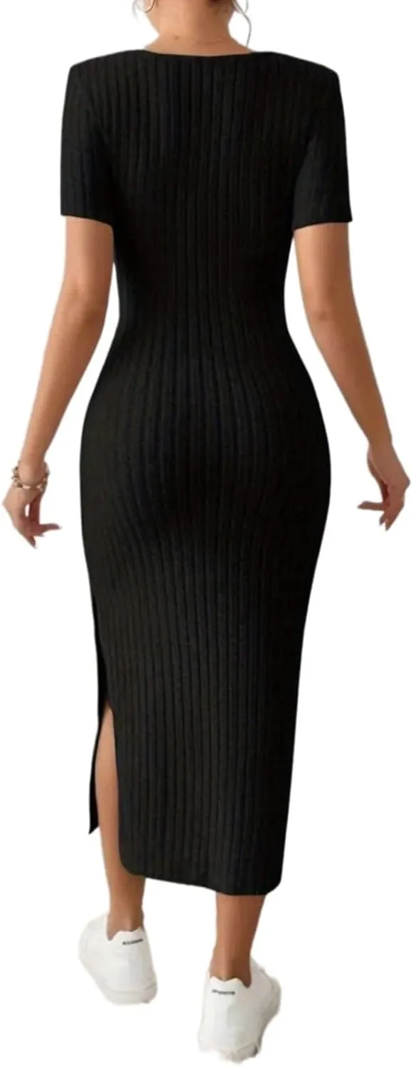 Bodycon Dresses for Women Knit Square Neck Short Sleeve Midi Dress Summer Side Slit Party Homecoming Dresses