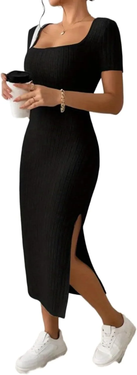 Bodycon Dresses for Women Knit Square Neck Short Sleeve Midi Dress Summer Side Slit Party Homecoming Dresses