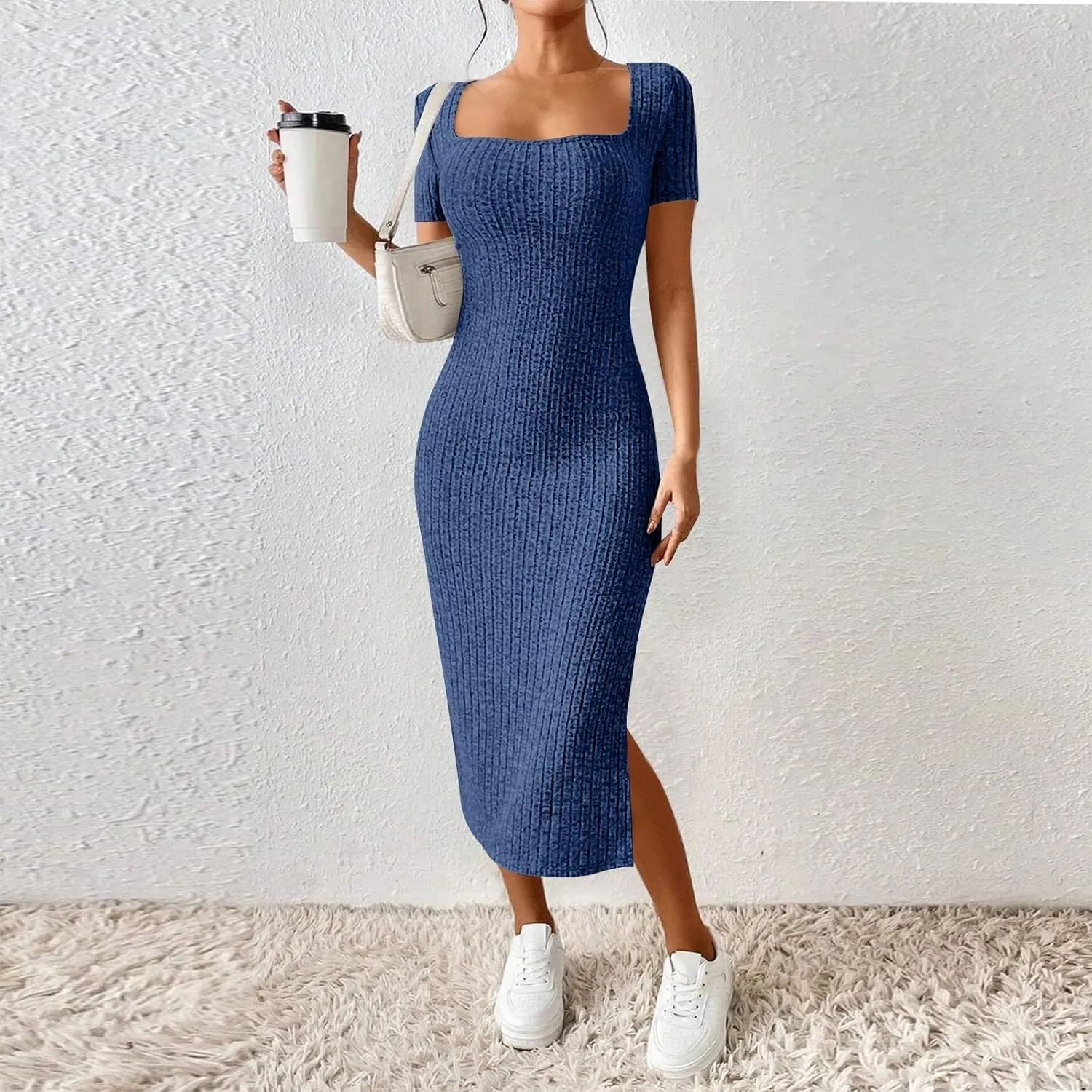 Bodycon Dresses for Women Knit Square Neck Short Sleeve Midi Dress Summer Side Slit Party Homecoming Dresses