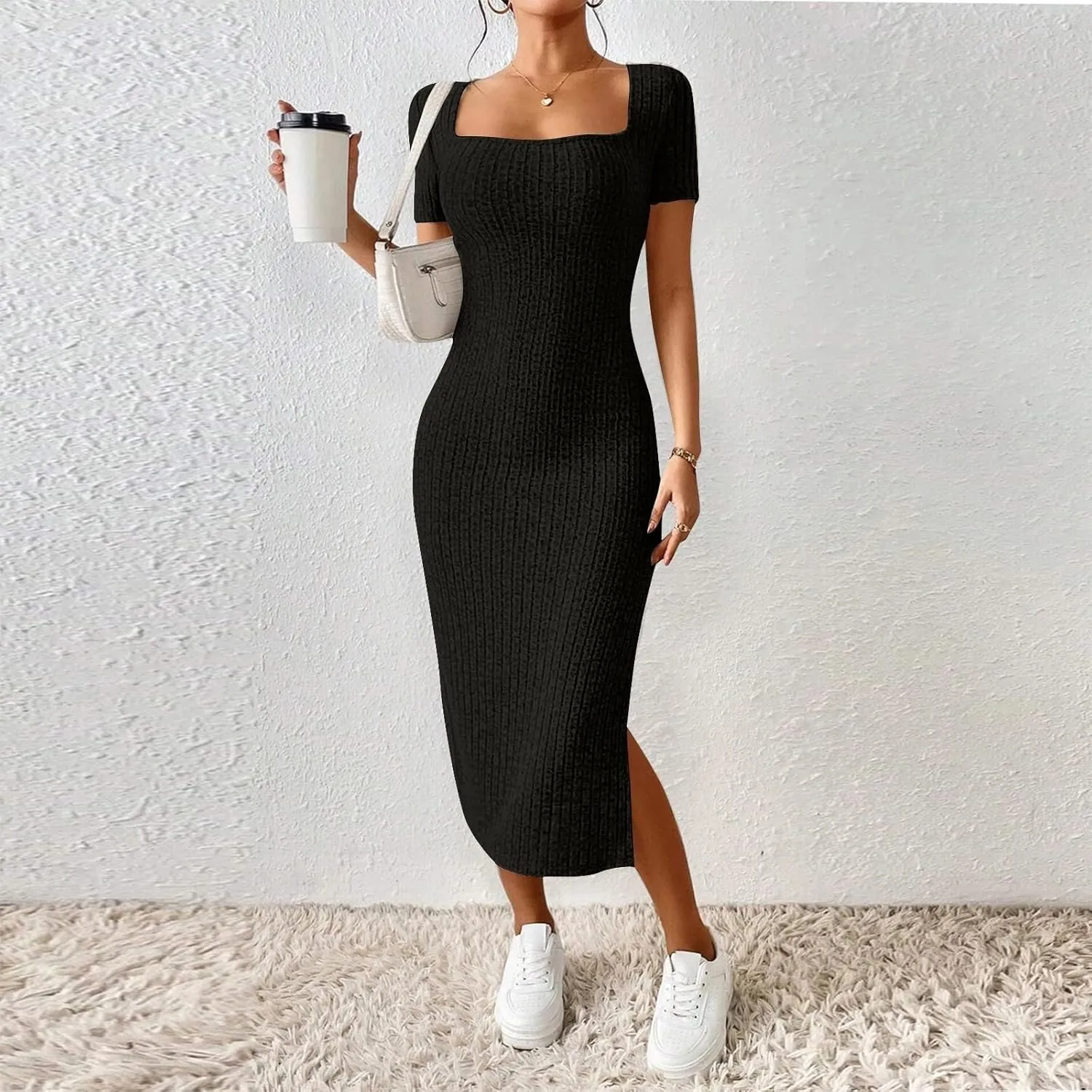 Bodycon Dresses for Women Knit Square Neck Short Sleeve Midi Dress Summer Side Slit Party Homecoming Dresses