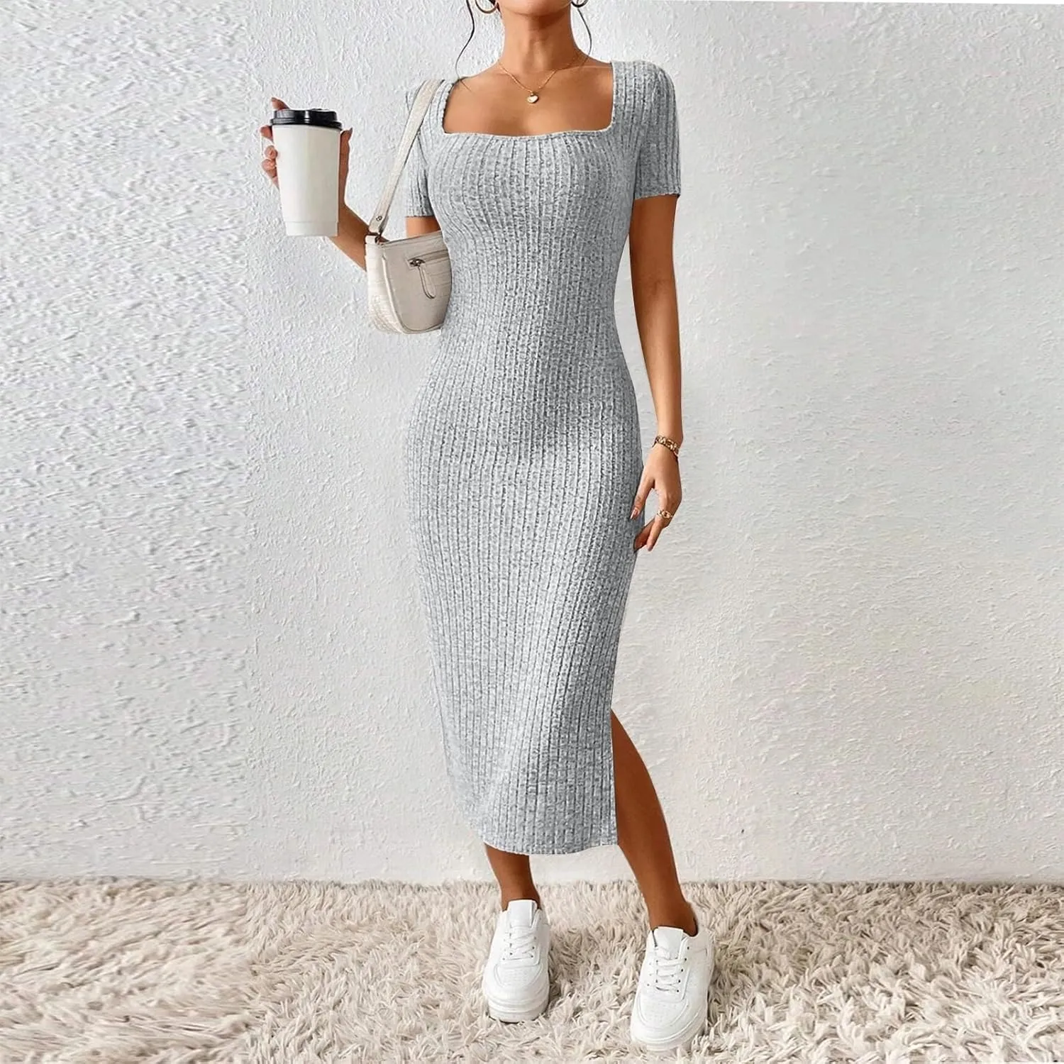 Bodycon Dresses for Women Knit Square Neck Short Sleeve Midi Dress Summer Side Slit Party Homecoming Dresses