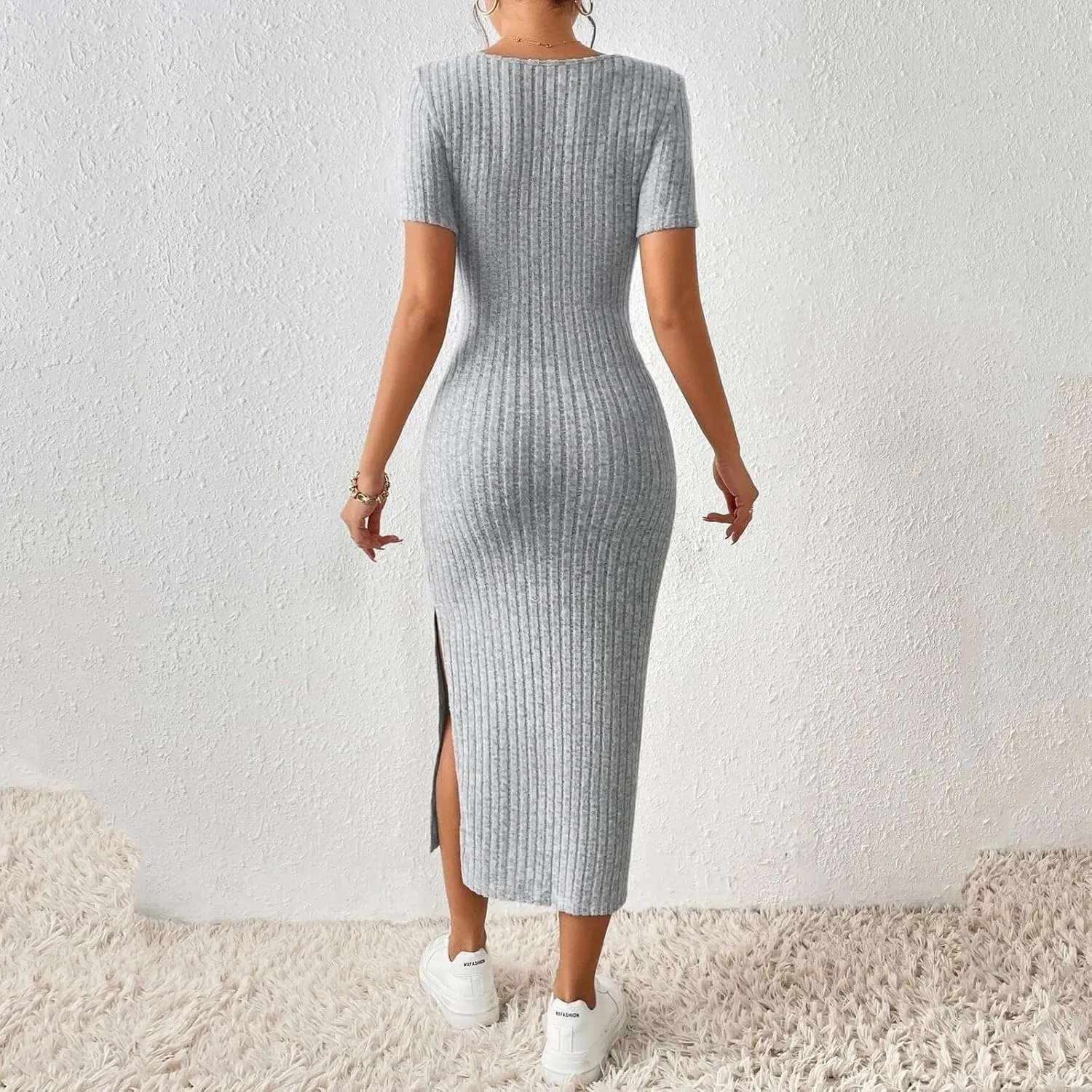 Bodycon Dresses for Women Knit Square Neck Short Sleeve Midi Dress Summer Side Slit Party Homecoming Dresses