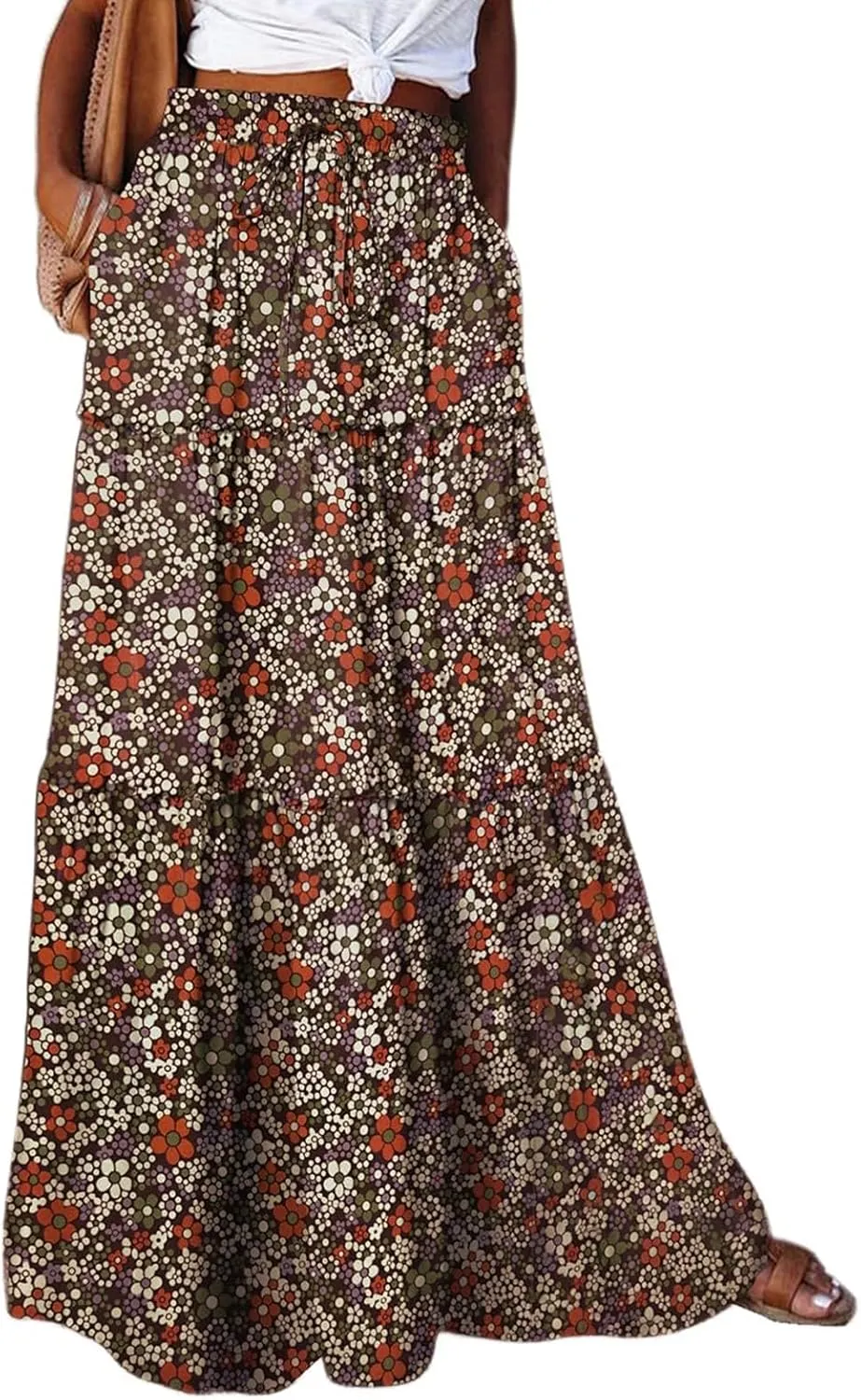 Boho Maxi Skirts for Women 2025 Casual Bohemian Tiered Long Pleated Skirt Hippie High Waisted Aline Beach Flowy Skirt